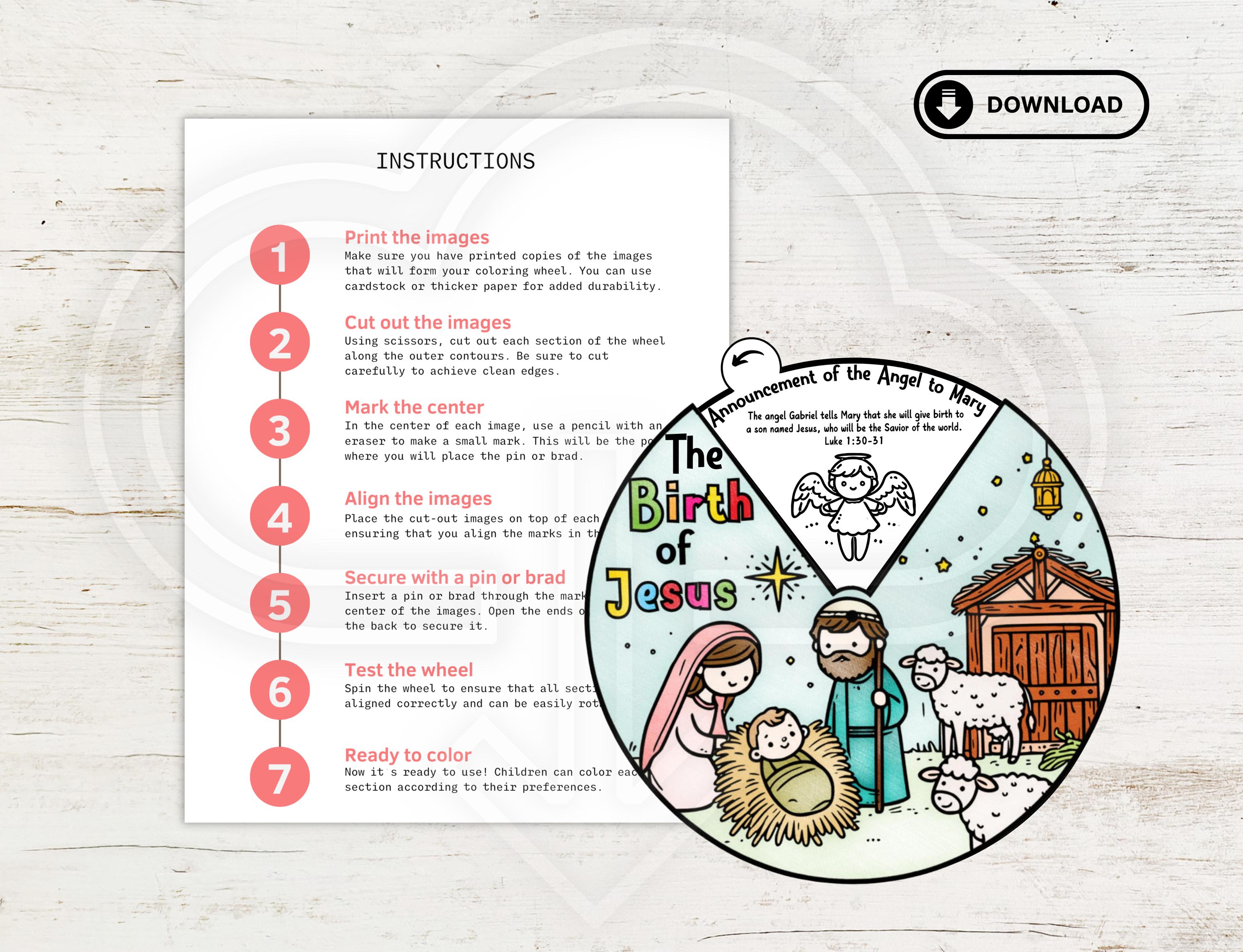 The Birth of Jesus Coloring Wheel, Nativity Story Coloring Wheel ...