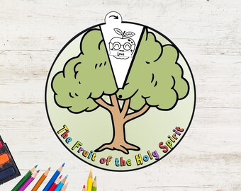 May include: A printable coloring page featuring a tree with the words "The Fruit of the Holy Spirit" around the trunk. The tree has a green canopy and brown trunk. A red apple with a white stem and a white leaf is in the center of the tree. The apple has the word "Love" written on it.