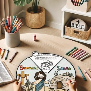 May include: A colorful wheel divided into sections, with the words "Semana Santa" and "La Entrada Triunfal a Jerusal&eacute;n" in Spanish. The wheel is decorated with illustrations of Jesus riding a donkey, a cross, and a tomb.