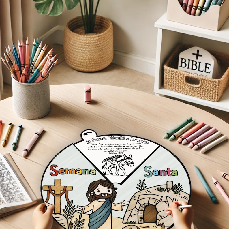 May include: A colorful wheel divided into sections, with the words "Semana Santa" and "La Entrada Triunfal a Jerusal&eacute;n" in Spanish. The wheel is decorated with illustrations of Jesus riding a donkey, a cross, and a tomb.