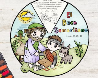 May include: A colorful illustrated children's storybook page depicting the parable of the Good Samaritan. The image shows a man helping another, with a donkey nearby. Text in Spanish reads "El Buen Samaritano" and "Lucas 10:25-37".