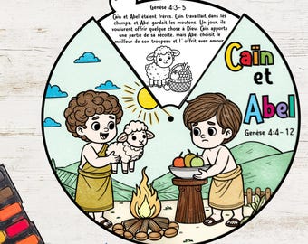 May include: A children's illustration in a circular design, depicting the story of Cain and Abel. The image features two boys, a lamb, a fire, and text in French. The artwork has a rotating wheel design.