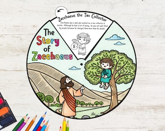 May include: A colorful circular illustration depicting the story of Zacchaeus. The text reads "The Story of Zacchaeus" and "Zacchaeus the Tax Collector." The image shows Zacchaeus in a tree and another character below.