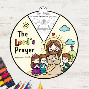 The Lord&#39;s Prayer Coloring Wheel | Printable Bible Activity | Watercolor | Kids Bible Lesson | Sunday School Bible Activity Printable