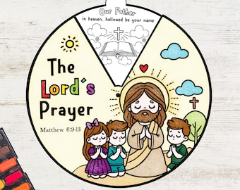 The Lord's Prayer Coloring Wheel | Printable Bible Activity | Watercolor | Kids Bible Lesson | Sunday School Bible Activity Printable