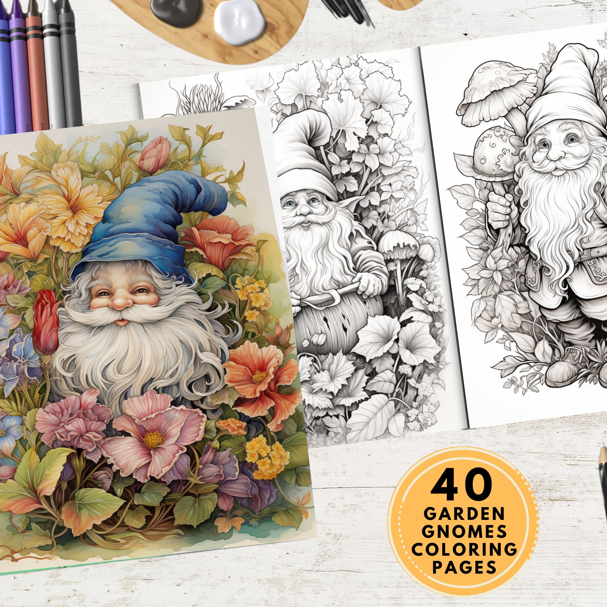 40 Garden Gnomes Coloring Book PrintableKids Cute Colouring