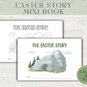 May include: A black and white coloring book with the title "The Easter Story" on the cover. The cover features a simple illustration of a tomb with a large stone blocking the entrance. The book is designed for children to color.
