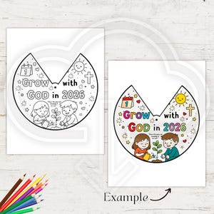 K&ouml;nnte beinhalten: Eine Malvorlage mit dem Text "Grow with GOD in 2026" und Illustrationen von Kindern, die eine Pflanze gie&szlig;en, einem Kalender, einer Sonne und einem Kreuz. Das Beispielbild ist farbig.