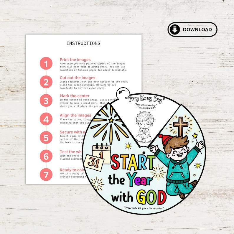 Start the Year with God Coloring Wheel | Christian New Year’s Craft for Kids | Sunday School Bible Activity Printable | New Year Prayer image 3