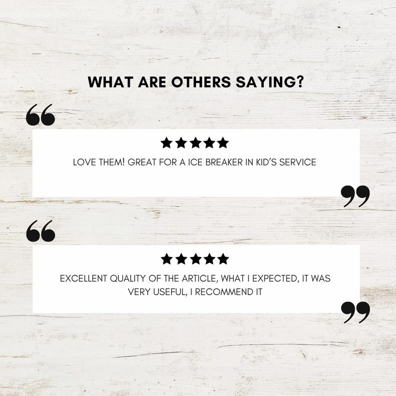 May include: Image features customer testimonials with five-star ratings. Text includes "WHAT ARE OTHERS SAYING?" and customer quotes like "LOVE THEM! GREAT FOR A ICE BREAKER IN KID'S SERVICE" and "EXCELLENT QUALITY OF THE ARTICLE..."
