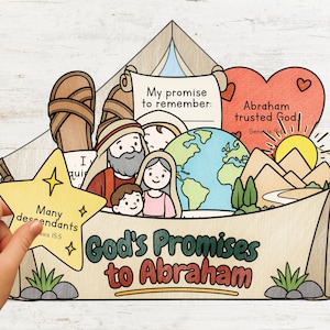Könnte beinhalten: Ein Papierbastelprojekt mit dem Titel God's Promises to Abraham, das ein Zelt, eine Familie, einen Globus, eine Sonne über Bergen und ein Herz mit Text zeigt. Ein gelber Stern, der von einer Hand gehalten wird, zeigt den Text Many descendants Genesis 15:5 und My promise to remember.