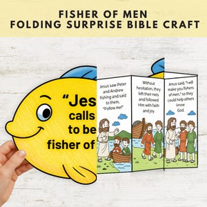 May include: A yellow paper fish with blue fins and the text "Jes calls to be fisher of" on the front. The fish opens to reveal a folding surprise Bible craft with illustrations and text about Jesus and his disciples.