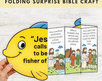 Fisher of Men Craft, Bible Story Activity for Kids, Jesus Calls Peter and Andrew, Sunday School, Folding Surprise Bible Craft, Coloring Page