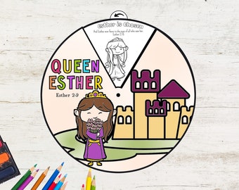 May include: A printable coloring page featuring Queen Esther from the Bible. The page includes a colorful illustration of Queen Esther holding flowers, a black and white illustration of Queen Esther in a crown and gown, and a castle with a purple roof. The text on the page reads "Queen Esther, Esther 2-9, Esther is chosen, And Esther won favor in the eyes of all who saw her, Esther 2:15."