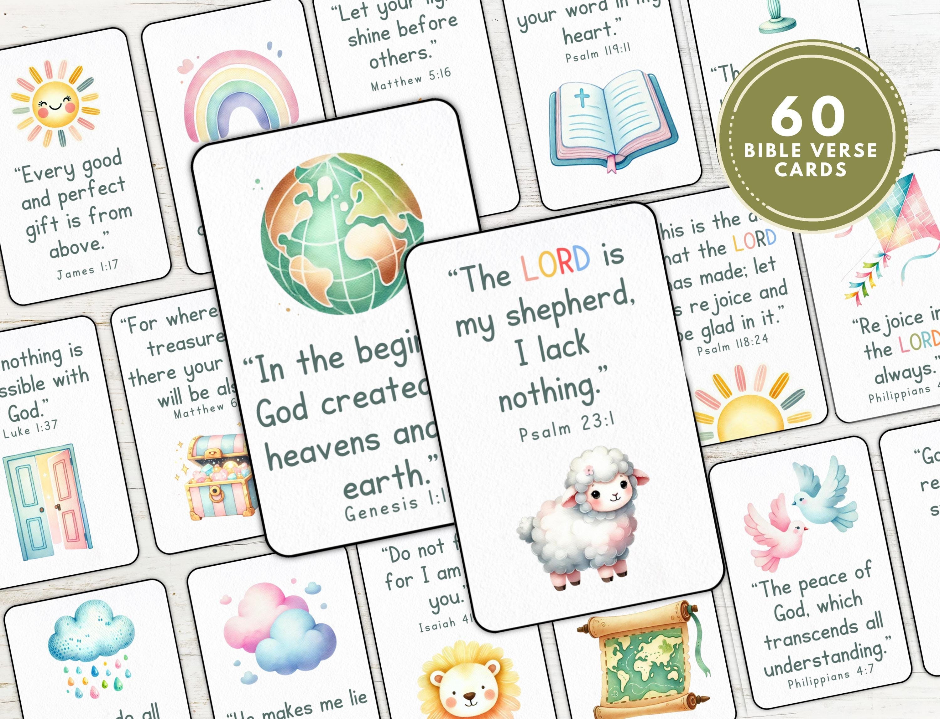 60 Bible Verse Cards | Scripture Memorization Cards | Bible Verses for Kids | Christian Learning Tool | NIV | Scripture Cards | FlashCards