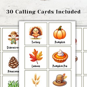 May include: A set of 30 calling cards featuring illustrations of various autumnal themes, including a turkey, pumpkin, apple pie, leaves, pumpkin pie, tree, corn, scarecrow, sunflower, pinecone, and more.