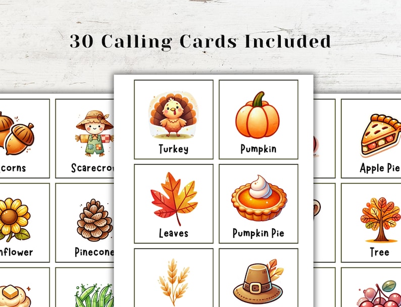 May include: A set of 30 calling cards featuring illustrations of various autumnal themes, including a turkey, pumpkin, apple pie, leaves, pumpkin pie, tree, corn, scarecrow, sunflower, pinecone, and more.