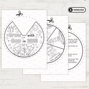 K&ouml;nnte beinhalten: Schwarz-Wei&szlig;-Druckvorlagen mit dem Text "Grow with GOD in 2026". Die Vorlagen zeigen Illustrationen von Kindern, einem Kalender, einem Kreuz und einer Sonne. Enth&auml;lt eine Download-Schaltfl&auml;che.