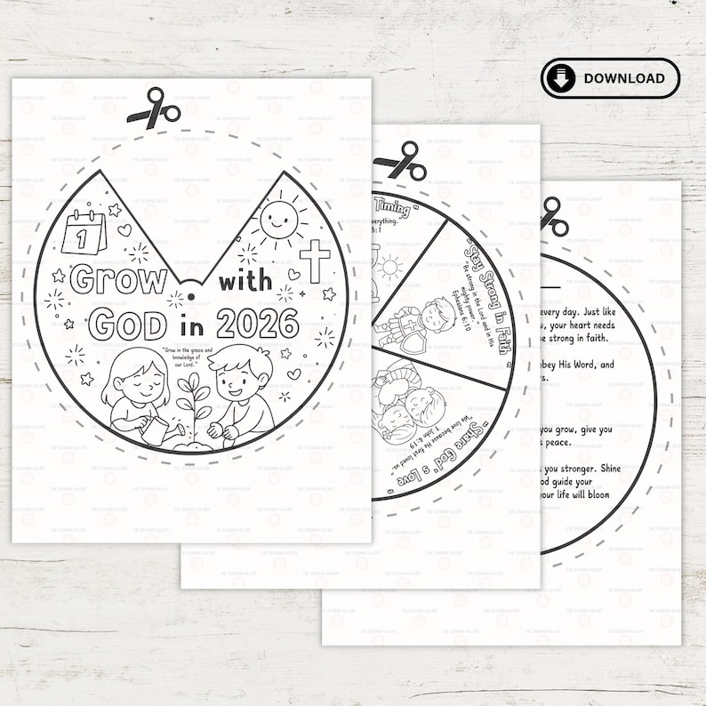 K&ouml;nnte beinhalten: Schwarz-Wei&szlig;-Druckvorlagen mit dem Text "Grow with GOD in 2026". Die Vorlagen zeigen Illustrationen von Kindern, einem Kalender, einem Kreuz und einer Sonne. Enth&auml;lt eine Download-Schaltfl&auml;che.
