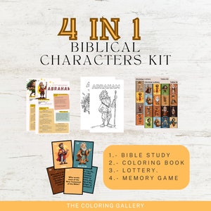Bible Characters 4-in-1 Kit: &quot;Coloring Book, Bible Study, Memory Game and Lottery | Christian Education | Digital Printable Download