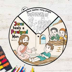 Jesus Heals a Paralyzed Man - Coloring Wheel | Bible Story Activity for Kids | Christian Sunday School Craft | Bible Lesson Printable