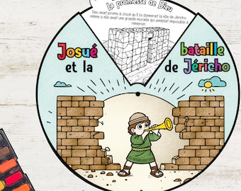 May include: A colorful children's illustration depicting the story of Joshua and the Battle of Jericho. The image features a circular design with text in French, a cartoon of a person blowing a horn, and a depiction of a crumbling brick wall.