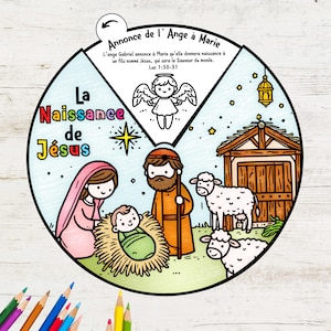 Die Geburt von Jesus Malrad auf FRANZÖSISCH, Malrad Krippe, druckbare Bibelaktivität, Kinder, Sonntagsschule Weihnachten Handwerk