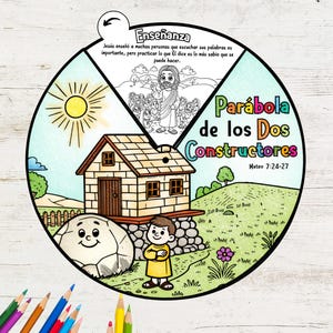 The Parable of the Two Builders Coloring Wheel IN SPANISH | Bible Story Activity for Kids | Christian Sunday School Craft | Bible Lesson