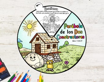 May include: A colorful illustration of a parable about two builders, one who built their house on a solid foundation and one who built on sand. The illustration includes a house, a sun, a man, and a rock. The text "Parábola de los Dos Constructores" and "Mateo 7:24-27" is included in the image.