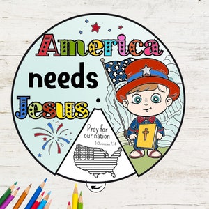 America needs Jesus - Coloring Wheel, 4th July Coloring Wheel, Printable Bible Activity, Watercolor, Kids Bible Lesson, Sunday School