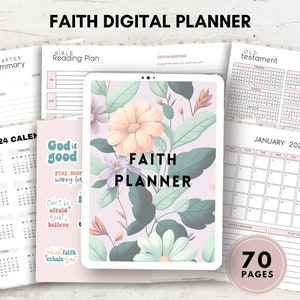 Puede incluir: Un planificador digital con un diseño floral y el texto "FAITH PLANNER". El planificador incluye un calendario, un plan de lectura de la Biblia y otras secciones para llevar un diario y reflexionar. Tiene 70 páginas.
