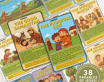 May include: A set of illustrated cards depicting parables from the Bible. The cards feature colourful illustrations and text, including parables such as "The Good Samaritan" and "The Prodigal Son."