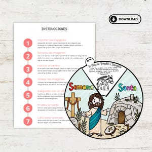 May include: A colorful printable wheel for kids to learn about Holy Week. The wheel has sections for each day of the week, with illustrations of Jesus entering Jerusalem, the Last Supper, and the crucifixion. The text "Semana Santa" is written in Spanish at the top of the wheel.