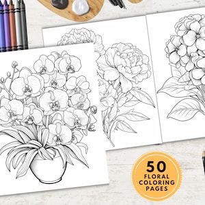 50 Coloring Pages | coloring book | Botanical Flower Drawings | Coloring Activity at Home | Digital Download