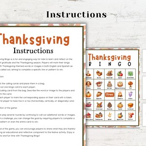 May include: Thanksgiving Bingo game with instructions. The game board features images of traditional Thanksgiving foods and items, such as a turkey, pumpkin pie, and corn. The calling cards include words and images related to Thanksgiving.