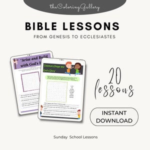 May include: Digital Bible lessons from Genesis to Ecclesiastes. Two tablets display lesson pages with word puzzles and questions. The image includes the text "20 lessons" and "Instant Download". The Coloring Gallery logo is at the top.