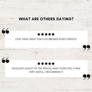 May include: Two customer reviews with five-star ratings. The first review says "LOVE THEM! GREAT FOR A ICE BREAKER IN KID'S SERVICE". The second review says "EXCELLENT QUALITY OF THE ARTICLE, WHAT I EXPECTED, IT WAS VERY USEFUL, I RECOMMEND IT".