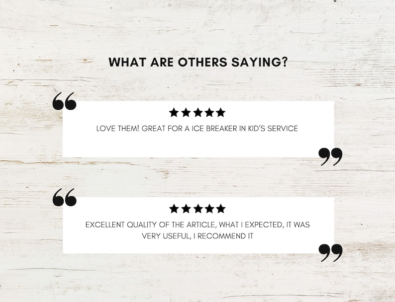 May include: Two customer reviews with five-star ratings. The first review says "LOVE THEM! GREAT FOR A ICE BREAKER IN KID'S SERVICE". The second review says "EXCELLENT QUALITY OF THE ARTICLE, WHAT I EXPECTED, IT WAS VERY USEFUL, I RECOMMEND IT".
