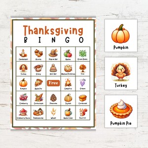 May include: A Thanksgiving Bingo game card with images of traditional Thanksgiving foods and items, such as a turkey, pumpkin pie, and cornbread. The card is divided into a 5x5 grid with a free space in the center. The words "Thanksgiving Bingo" are printed at the top of the card.
