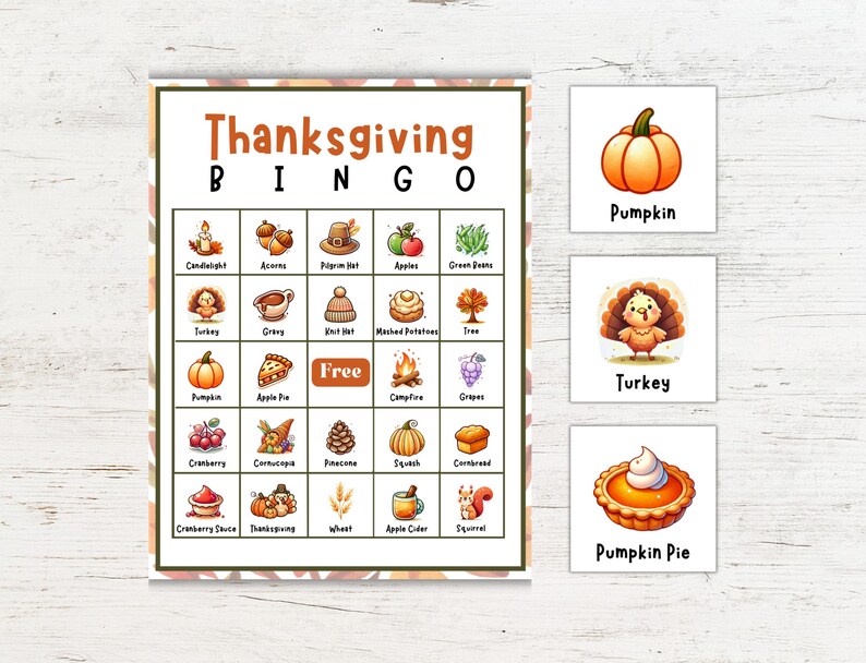 May include: A Thanksgiving Bingo game card with images of traditional Thanksgiving foods and items, such as a turkey, pumpkin pie, and cornbread. The card is divided into a 5x5 grid with a free space in the center. The words "Thanksgiving Bingo" are printed at the top of the card.