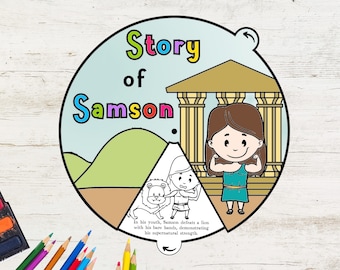 Story of Samson Coloring Wheel, Bible Coloring Wheel, Printable Bible Activity, Watercolor, Kids Bible Lesson, Sunday School