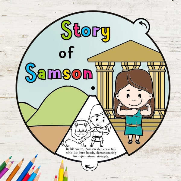 Story of Samson Coloring Wheel, Bible Coloring Wheel, Printable Bible Activity, Watercolor, Kids Bible Lesson, Sunday School
