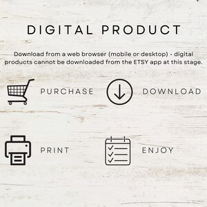 Op de afbeelding: Instructies voor het downloaden van digitale producten. Koop, download, print en geniet. Download van een webbrowser (mobiel of desktop) - digitale producten kunnen op dit moment niet worden gedownload via de ETSY-app.