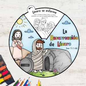 La Resurrección de Lázaro EN ESPAÑOL - Rueda para colorear / Actividad de historia bíblica para niños / Manualidad cristiana para la escuela dominical / Lección bíblica
