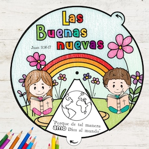 Rueda para colorear Las Buenas Nuevas Juan 3:16 EN ESPAÑOL, Rueda para colorear de Jesús, Juan 3;16, Actividad Bíblica Imprimible, Lección Bíblica, Escuela Dominical