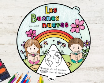 Rueda para colorear Las Buenas Nuevas Juan 3:16 EN ESPAÑOL, Rueda para colorear de Jesús, Juan 3;16, Actividad Bíblica Imprimible, Lección Bíblica, Escuela Dominical