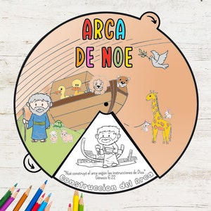 Rueda para colorear del arca de Noé ESPAÑOL / Actividades de historias bíblicas / Actividad bíblica imprimible / Lección bíblica para niños / Juego de memoria / Manualidades para la escuela dominical