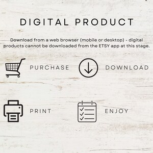 May include: A digital product download guide with a shopping cart, download arrow, printer, and checklist icons. The text reads "DIGITAL PRODUCT", "Download from a web browser (mobile or desktop) - digital products cannot be downloaded from the ETSY app at this stage.", "PURCHASE", "DOWNLOAD", "PRINT", and "ENJOY".