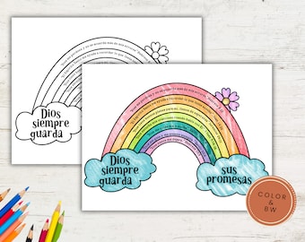 Le promesse di Dio IN SPAGNOLO / Artigianato arcobaleno / Lezione della scuola domenicale / Stampabile per bambini / Attività biblica / Scuola domenicale / Arcobaleno da colorare