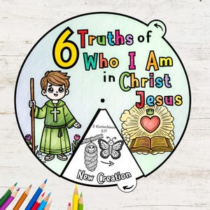 6 Truths of Who I Am in Christ Jesus Coloring Wheel, Printable Bible Activity, Kids Bible Lesson, Sunday School, Christian Coloring Wheel